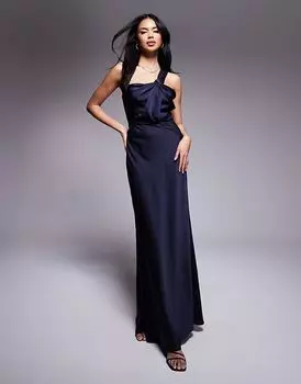 Асимметричное макси-платье с узлом спереди в темно-синем цвете Jarlo