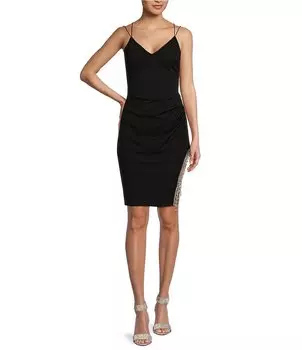 Асимметричное облегающее платье B. Darlin с V-образным вырезом и бахромой по краю со стразами, черный