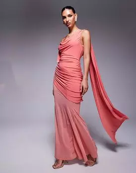 Асимметричное облегающее платье макси с оборками и прозрачной юбкой кораллового цвета от ASOS DESIGN