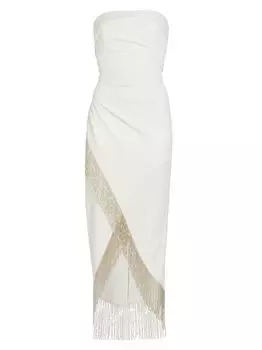 Асимметричное платье без бретелек с отделкой бисером Marchesa Notte, слоновая кость