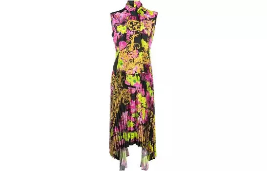 Асимметричное платье без рукавов с цветочным принтом VERSACE, мультиколор