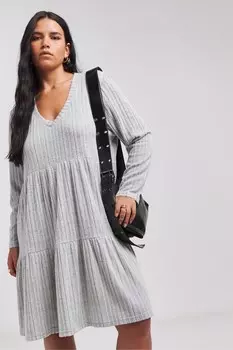 Асимметричное платье халат в рубчик Simply Be, серый