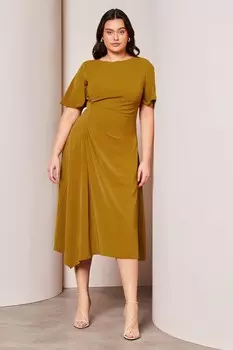 Асимметричное платье из присборенного материала с расклешенными рукавами Lipsy, зеленый