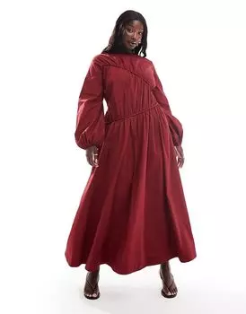 Асимметричное платье макси с рюшами бордового цвета ASOS