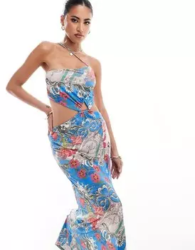 Асимметричное платье макси с вырезом и фурнитурой ASOS DESIGN с принтом открытки