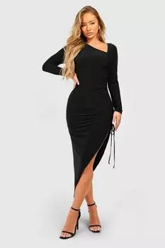 Асимметричное платье мидакси с двойной облегающей оборкой и рюшами boohoo, черный
