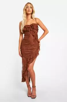 Асимметричное платье мидакси с кружевной оборкой boohoo, коричневый