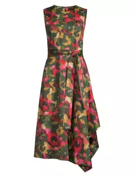 Асимметричное платье-миди с цветочным принтом Natori, цвет paprika