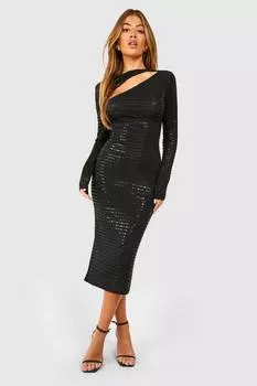 Асимметричное платье миди с длинными рукавами и вырезами и пайетками boohoo, черный
