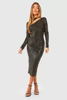 Асимметричное платье миди с длинными рукавами и вырезами и пайетками boohoo, золото