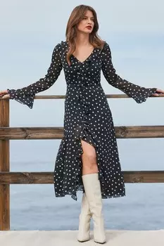 Асимметричное платье миди с рюшами и расклешенными манжетами Sosandar, черный