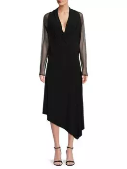 Асимметричное платье миди с сетчатыми рукавами Donna Karan Black