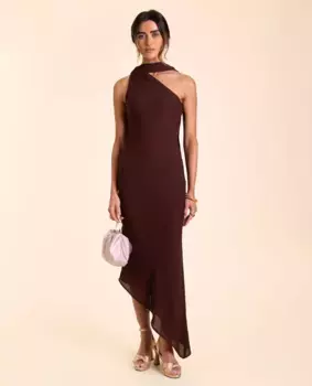 Асимметричное платье миди с шарфом The-Are, темно-коричневый