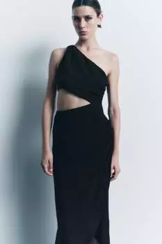 Асимметричное платье миди с золотистой отделкой Zara, черный