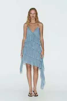 Асимметричное платье плиссированное ZARA, синий