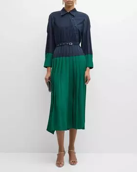 Асимметричное платье-рубашка миди с плиссировкой и хлорофиллом LOVEBIRDS, цвет Navy And Green
