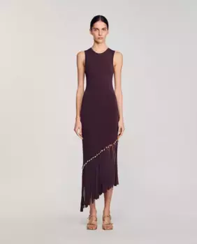 Асимметричное платье с бахромой и бисером Sandro, коричневый