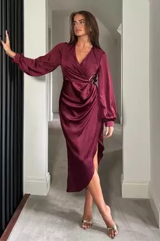 Асимметричное платье с длинными рукавами и пряжкой Elsa Girl In Mind, красный