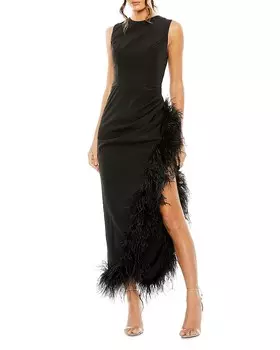 Асимметричное платье с отделкой перьями Mac Duggal