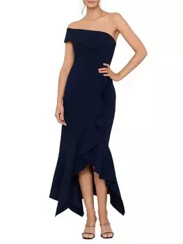 Асимметричное платье с открытыми плечами и рюшами Xscape, темно-синий