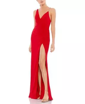 Асимметричное платье с V-образным вырезом и жемчужными бретелями Mac Duggal, красный