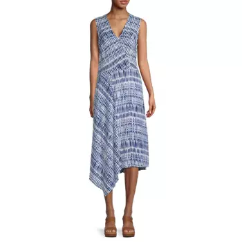 Асимметричное платье с v-образным вырезом и принтом DKNY Ivory blue