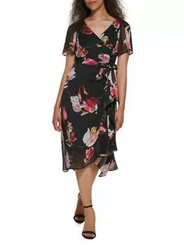 Асимметричное платье с завязками на талии и цветочным принтом DKNY Black floral