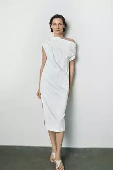 Асимметричное платье в складку из коллекции zw ZARA, устрично-белый
