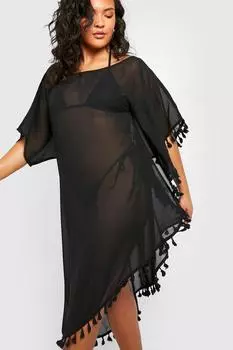 Асимметричное пляжное платье Plus с кисточками boohoo, черный