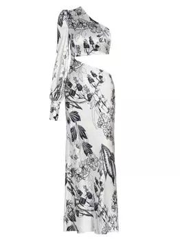 Асимметричное шелковое платье-стрейч с цветочным принтом Matiz с вырезами Adriana Iglesias, белый