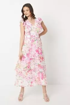 Асимметричное шифоновое платье-миди с рюшами розового цвета с цветочным принтом Oasis, розовый