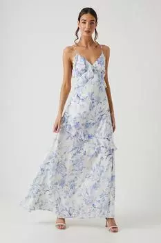 Асимметричное шифоновое платье подружки невесты с цветочным принтом и рюшами Oasis, синий