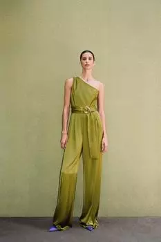 Асимметричный атласный комбинезон ZARA, оливково-зеленый