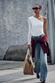 Асимметричный боди с длинными рукавами ZARA, устрично-белый