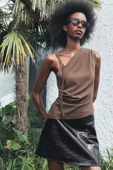 Асимметричный драпированный топ ZARA, серо-коричневый