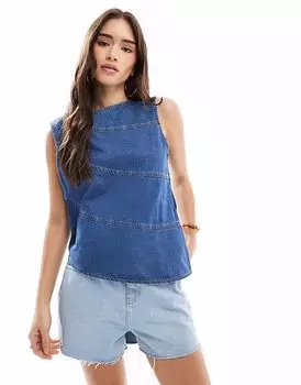 Асимметричный джинсовый топ ASOS DESIGN с открытыми швами в средне-синем цвете