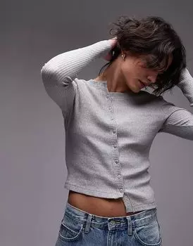 Асимметричный кардиган с длинными рукавами серого меланжевого цвета Topshop