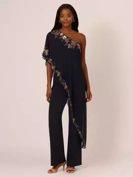 Асимметричный комбинезон с вышитым бисером верхом Adrianna Papell, цвет Navy/Rose Gold