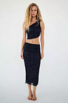 Асимметричный кружевной укороченный топ со стразами ZARA, черный