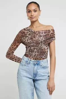 Асимметричный сетчатый боди с леопардовым принтом River Island, коричневый