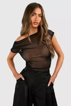 Асимметричный сетчатый топ с короткими рукавами boohoo, черный