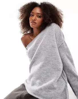 Асимметричный, свободный, уютный трикотажный джемпер Miss Selfridge с открытыми плечами серого меланжевого цвета