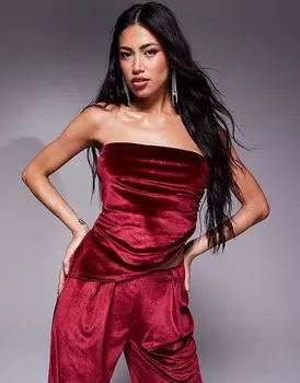 Асимметричный топ-бандо из бархата со сборками от ASOS DESIGN бордового цвета