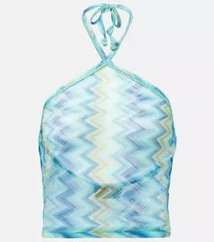 Асимметричный топ-халтер с прозрачными вставками Missoni, Blue and green micro chevron