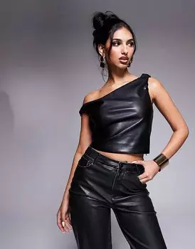 Асимметричный топ из искусственной кожи черного цвета River Island
