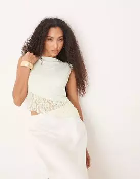 Асимметричный топ из кружева с вырезом-лодочкой ASOS DESIGN пастельно-зеленого цвета