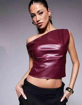 Асимметричный топ на одно плечо из искусственной кожи с драпировкой в винном цвете ASOS DESIGN