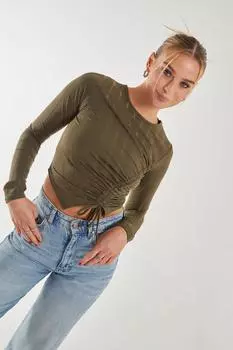 Асимметричный топ с длинными рукавами и складками Pink Vanilla, хаки