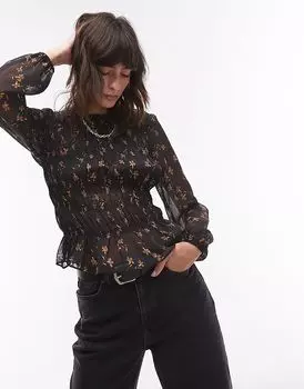 Асимметричный топ со сборками из прозрачной черной основы в мелкий узор Topshop