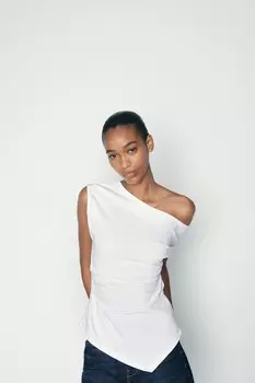 Асимметричный топ со собранными деталями ZARA, белый